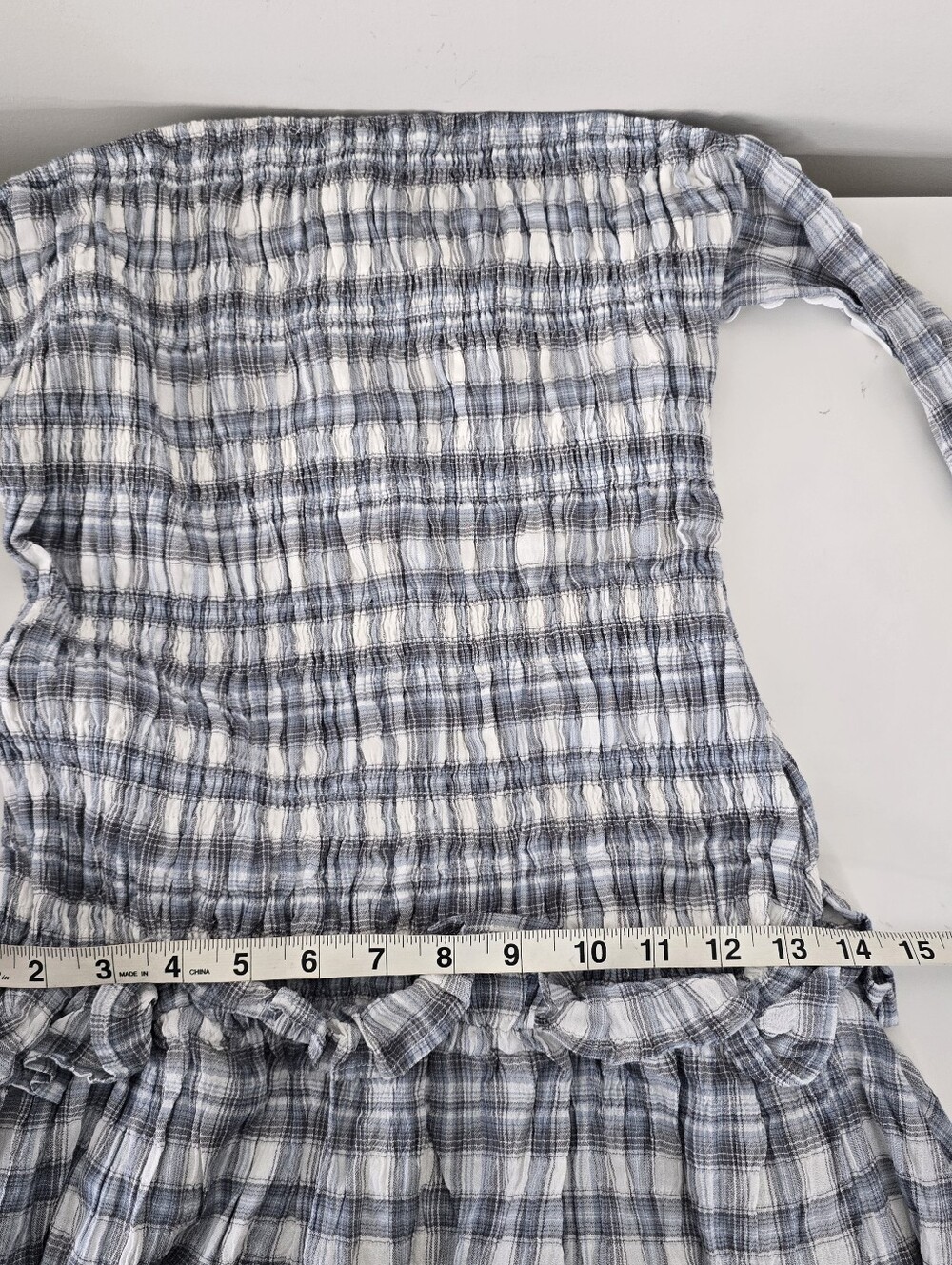 Peppermayo Malia Shirred Maxi Dress Blue Grey Check Plaid 8 Smocked Ruffles - Picture 9 of 14